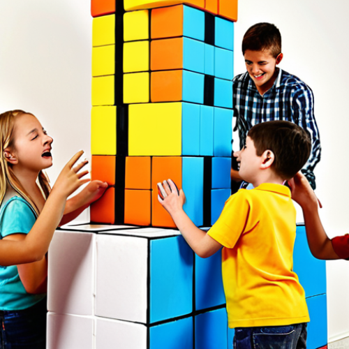 Home 11 ** A group of diverse children collaborating on a creative project (e.g., building a tower with blocks, painting a mural). Focus on teamwork, ingenuity, and the joy of problem-solving. Bright colors, playful atmosphere.
**