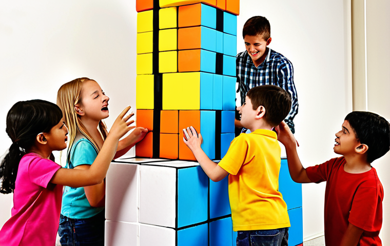 ** A group of diverse children collaborating on a creative project (e.g., building a tower with blocks, painting a mural). Focus on teamwork, ingenuity, and the joy of problem-solving. Bright colors, playful atmosphere.

**