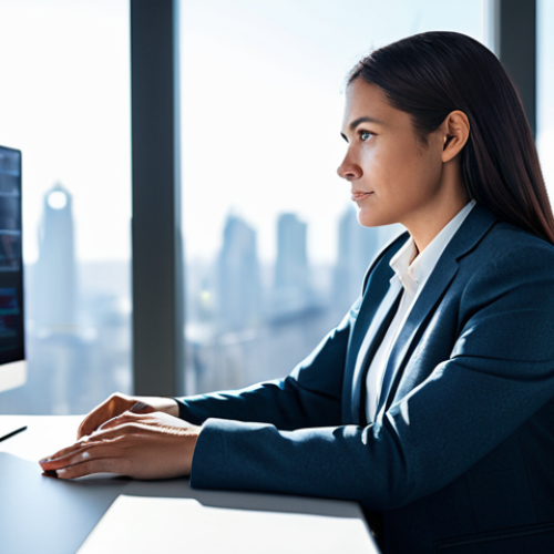 Home 6 A professional female technologist, fully clothed in a modest business suit, sitting at a sleek, minimalist desk in a modern, sunlit office. She is focused, interacting with a holographic AI interface displaying complex data visualizations and adaptive learning pathways. The background features blurred cityscapes, hinting at a global technological hub. The image emphasizes innovation and continuous learning, rendered with professional photography quality, perfect anatomy, correct proportions, natural pose, well-formed hands, proper finger count, natural body proportions, safe for work, appropriate content, and professional attire.