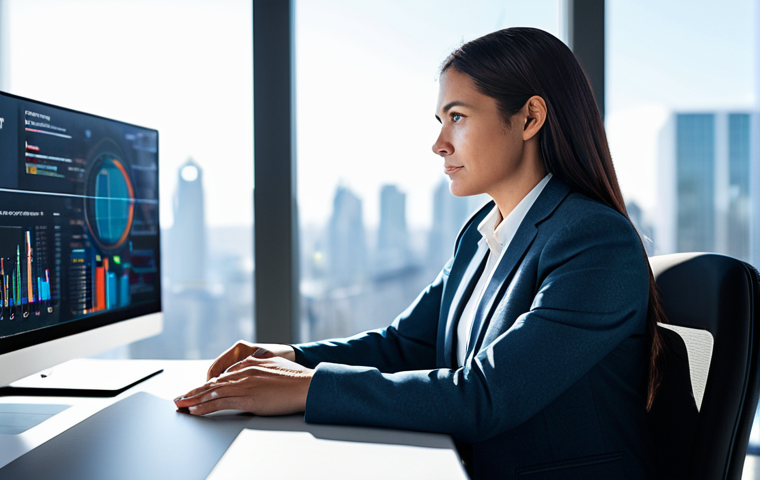 A professional female technologist, fully clothed in a modest business suit, sitting at a sleek, minimalist desk in a modern, sunlit office. She is focused, interacting with a holographic AI interface displaying complex data visualizations and adaptive learning pathways. The background features blurred cityscapes, hinting at a global technological hub. The image emphasizes innovation and continuous learning, rendered with professional photography quality, perfect anatomy, correct proportions, natural pose, well-formed hands, proper finger count, natural body proportions, safe for work, appropriate content, and professional attire.