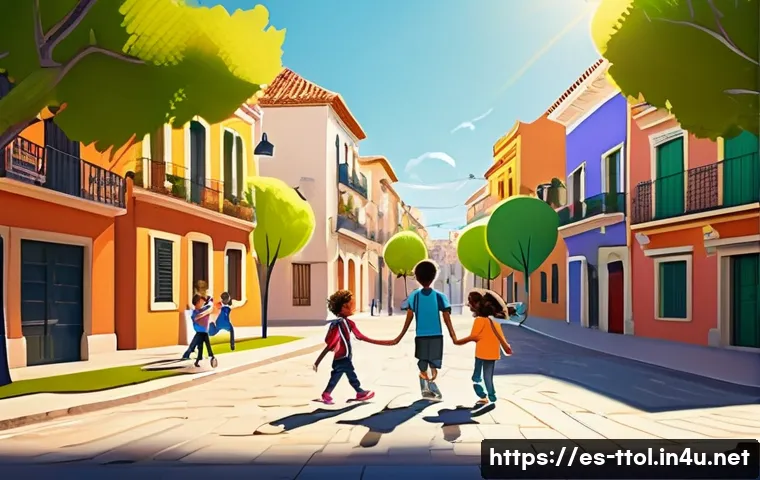 똘똘이의 애니메이션 기술적 특징 - A vibrant, hybrid 2D animation scene featuring a group of diverse children playing in a lively urban...
