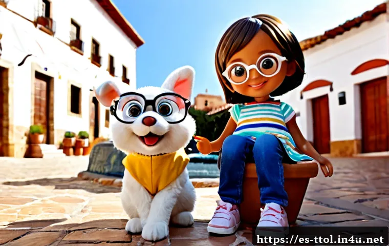 Home 17 똘똘이와 친구 캐릭터들 - Photorealistic scene of an original cheerful toy-like character group: a curious child with round gl...